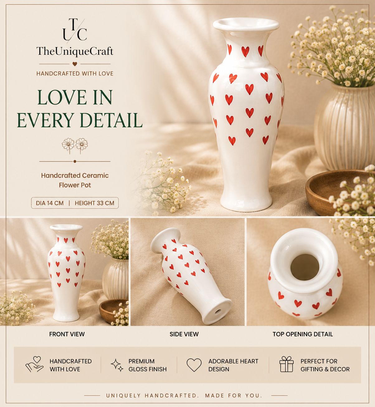 Ceramic Heart Design Flower Vase Handcrafted ceramic heart design flower vase for elegant home decor