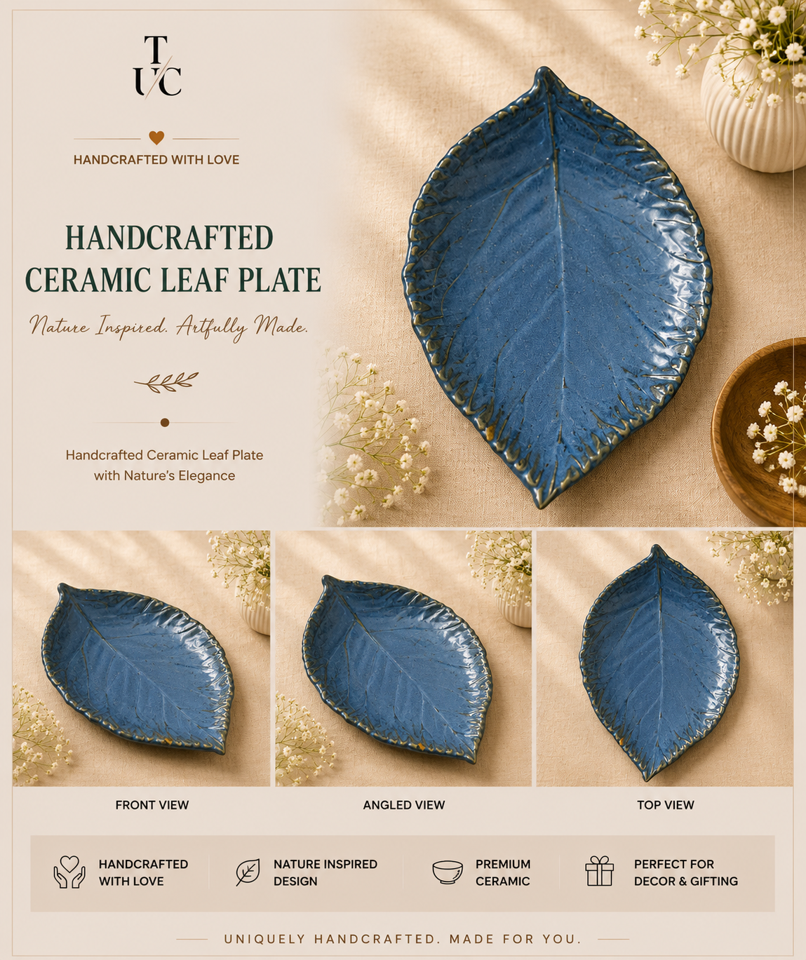 Handcrafted Ceramic Leaf Plate Handcrafted ceramic leaf plate for elegant dining and nature-inspired home decor