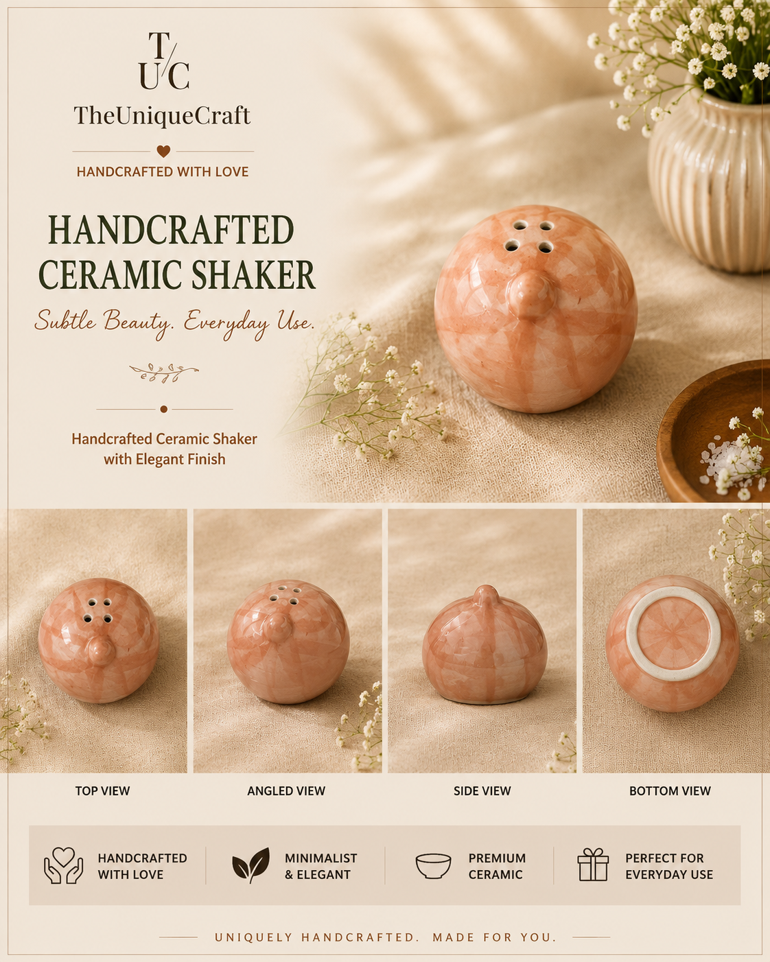 Handcrafted Ceramic Shaker Handcrafted ceramic shaker for elegant dining and kitchen styling