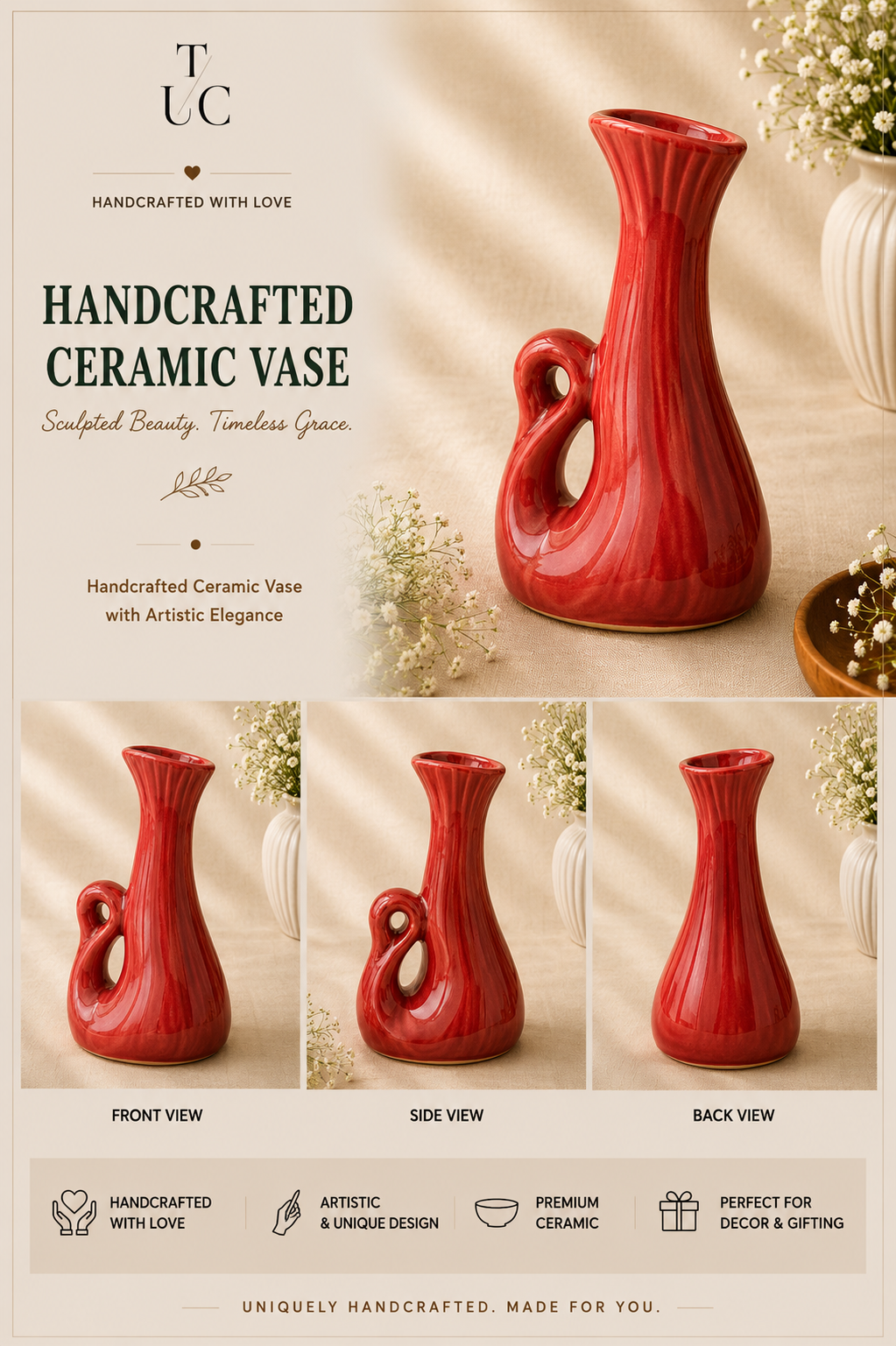 Red Artistic Ceramic Vase Red artistic handcrafted ceramic vase for modern home decor