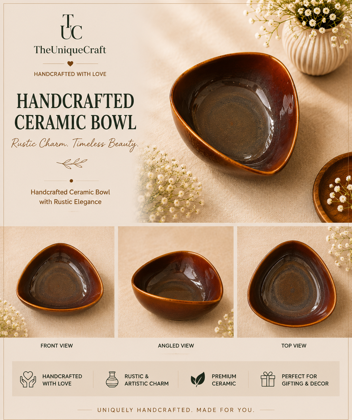 Rustic Ceramic Bowl Handcrafted rustic ceramic bowl for elegant dining and home decor