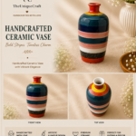Striped handcrafted ceramic vase for modern home decor