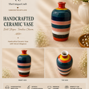 Striped handcrafted ceramic vase for modern home decor